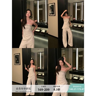 pusumede抹胸小衫 亮片拼接吊带女不规则设计感无袖 上衣休闲裤 套装