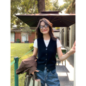 韩系百搭叠穿无袖 马甲女春秋季 坎肩背心上衣 黑色V领开衫 pusumede