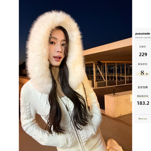 女修身 可拆卸毛领连帽麻花针织开衫 毛衣外套 回头率密码 pusumede