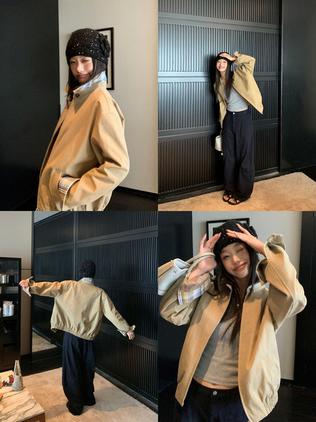 Beige lightweight jacket worn by a model in a fashion collage