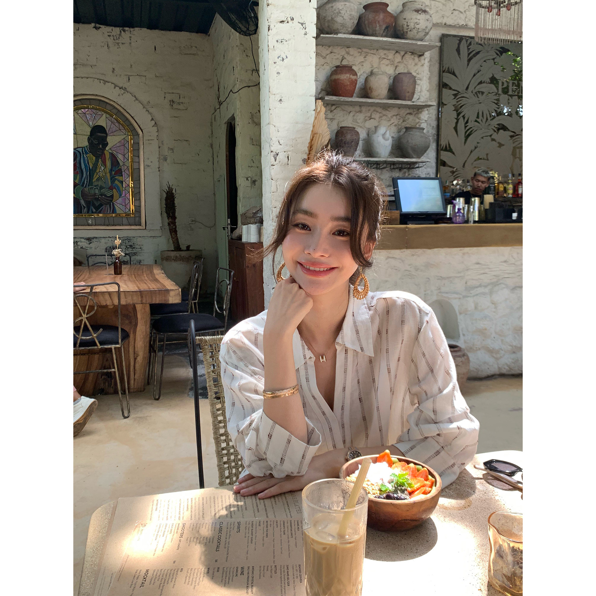 pusumede拉夫老钱风 慵懒宽松V领条纹衬衫女莱赛尔亚麻七分袖上衣