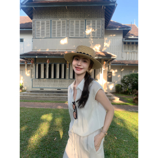 老钱风莱赛尔亚麻无袖 智性 衬衫 女阔腿休闲裤 pusumede 套装 经典