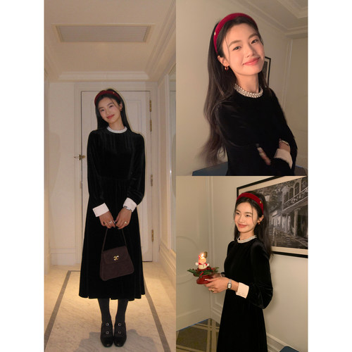 pusumede法式复古丝绒连衣裙女高级感优雅小黑裙气质收腰长袖裙子