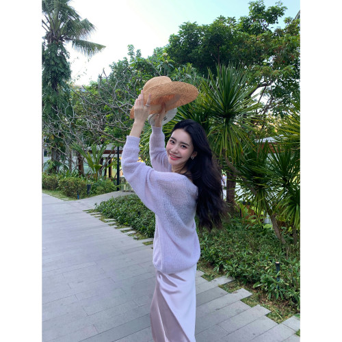 两穿斜肩微透针织衫女防晒罩衫