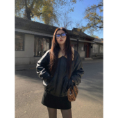 pusumede 曼哈顿 复古毛领拼接机车皮衣女高级感廓形翻领保暖外套