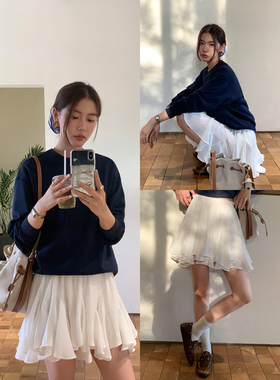 pusumede 白色a字蓬蓬裙半身裙女减龄高腰显瘦设计感不规则短裙子