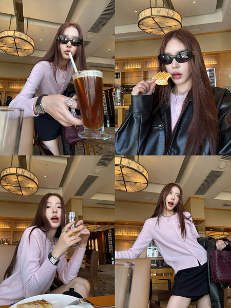 Woman wearing a light pink cardigan in a cafe collage