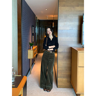 女阔腿直筒休闲长裤 慵懒高腰宽松灯芯绒裤 枫糖拿铁 pusumede