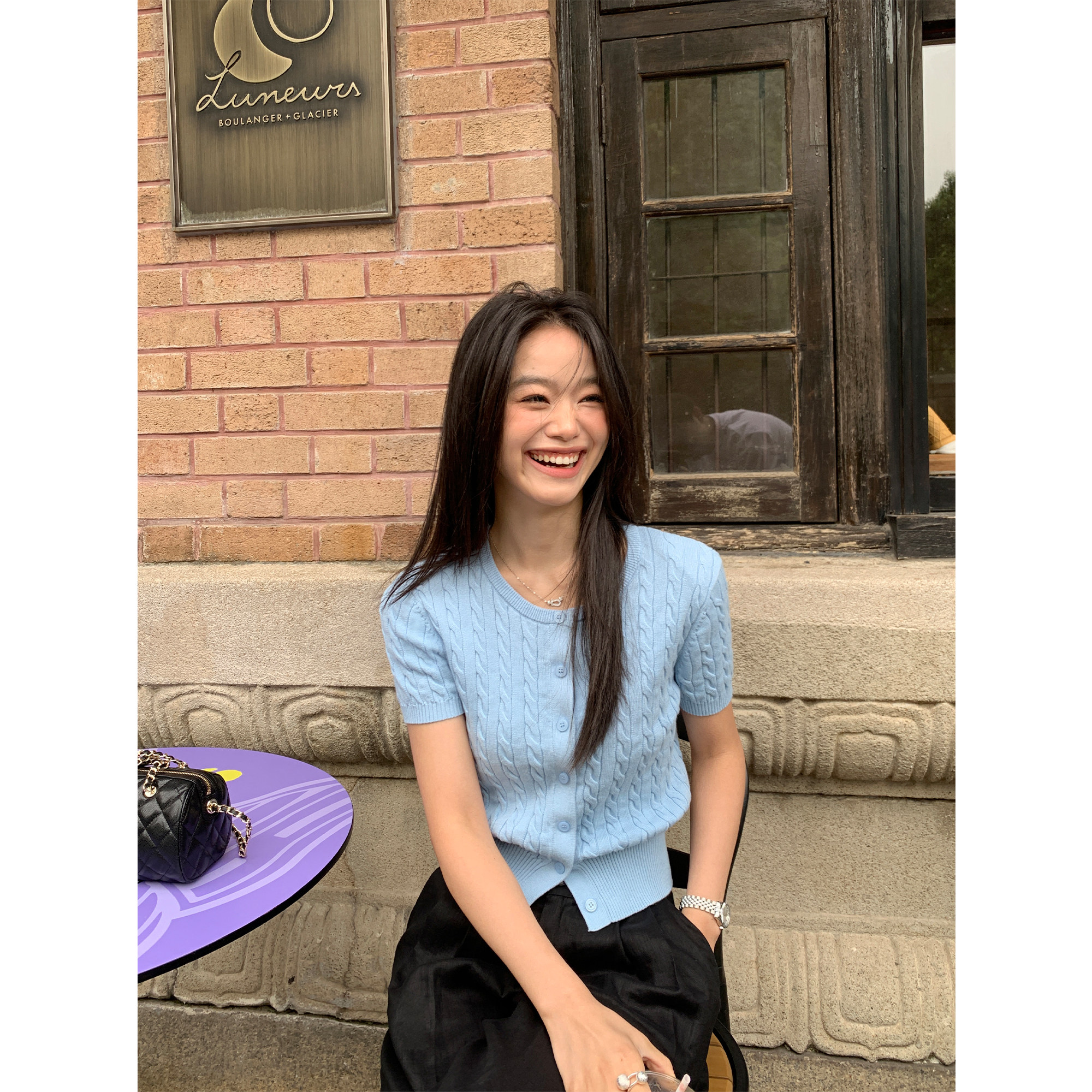 pusumede经典麻花系列 圆领针织开衫女复古气质修身短款t恤上衣