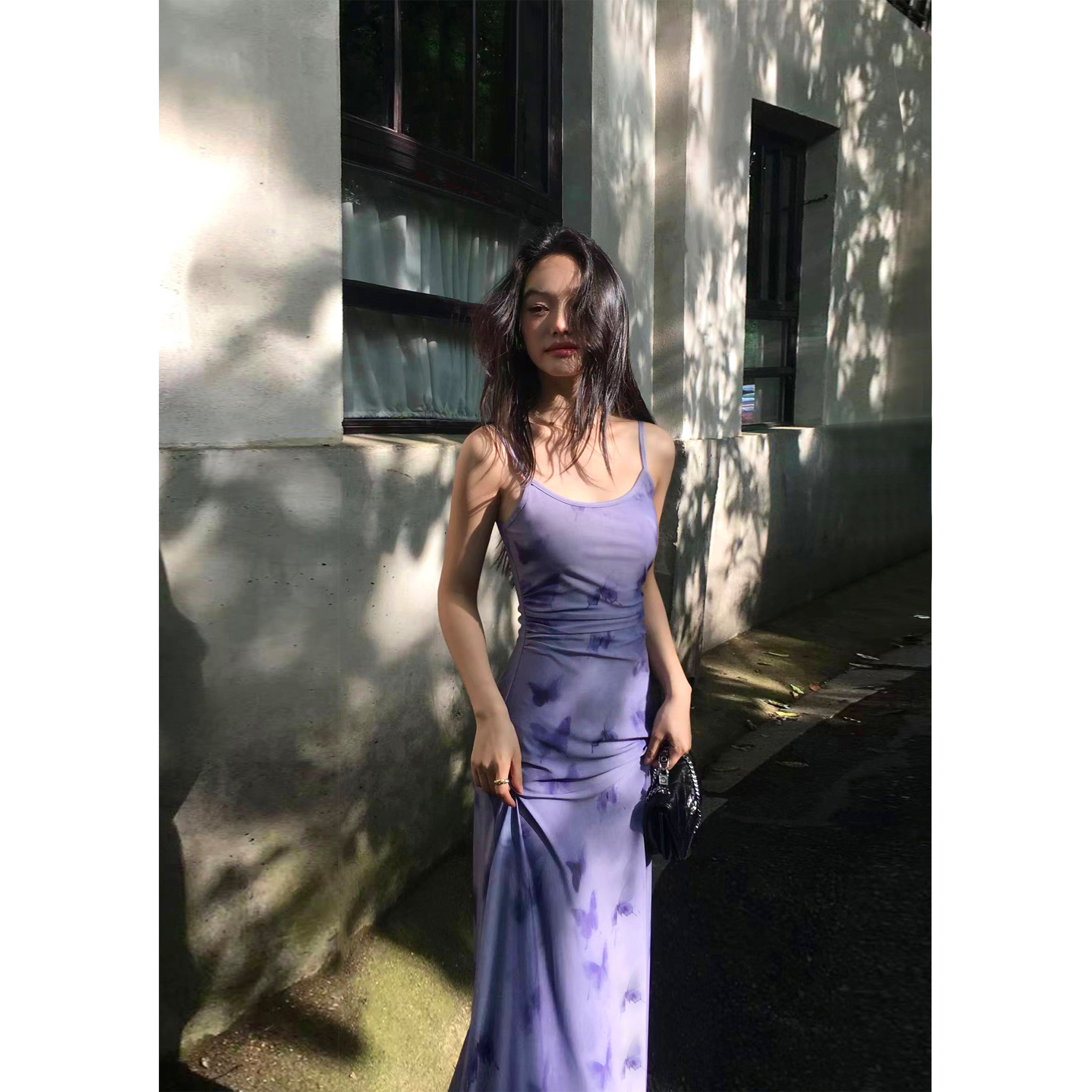 pusumede 法式蝴蝶印花网纱吊带连衣裙女夏季高级感收腰显瘦长裙