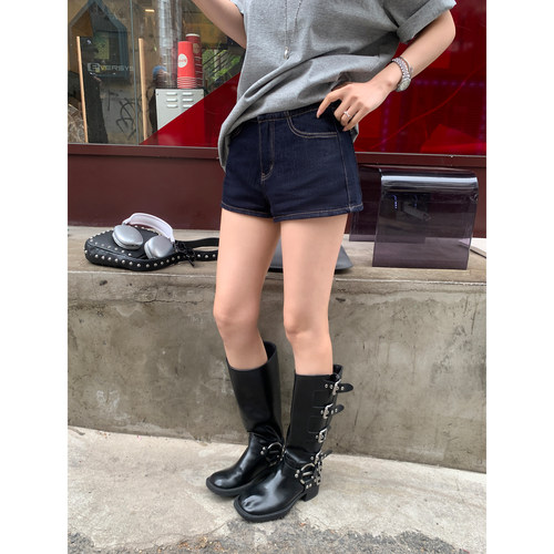 pusumede 美式复古低腰牛仔短裤女百搭显瘦辣妹a字热裤直筒裤子