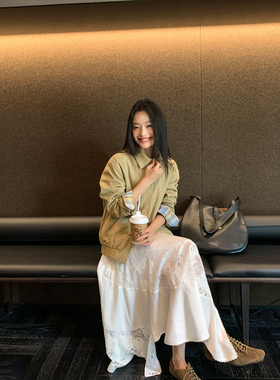 pusumede 英伦街头 白色蕾丝拼接半身裙女不规则a字裙中长款裙子