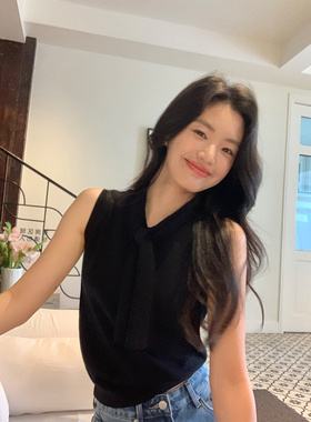 pusumede 知识分子 黑色披肩针织背心女夏季外穿简约通勤无袖上衣