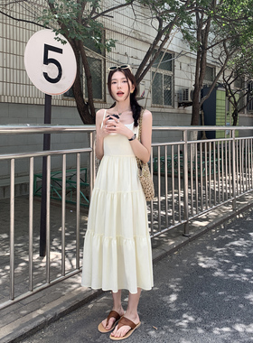 pusumede 【现货8.5折】淡黄色方领吊带连衣裙女蛋糕中长裙