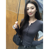 pusumede 显瘦内搭上衣 女气质修身 极简刚需 亨利领灰色打底针织衫