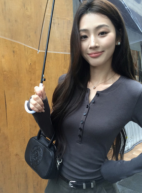 pusumede 极简刚需 亨利领灰色打底针织衫女气质修身显瘦内搭上衣