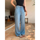 漫画腿 长裤 高腰阔腿牛仔裤 透气垂感直筒休闲裤 女薄款 pusumede