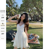 苎麻蕾丝边挂脖连衣裙女优雅V领露背无袖 pusumede 美神降临 短裙