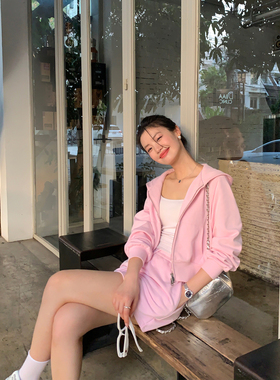 pusumede【现货6折】灰色连帽卫衣外套女宽松休闲短款拉链上衣