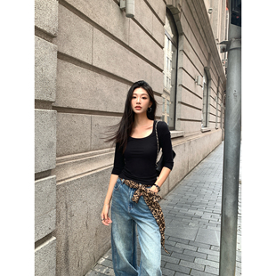 pusumede 基础加分项 黑色U领中袖T恤女简约修身针织七分袖上衣