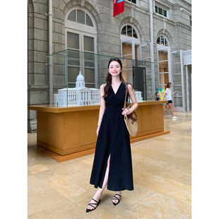 pusumede 柔美气息 经典V领背心连衣裙女优雅收腰伞裙无袖小黑裙