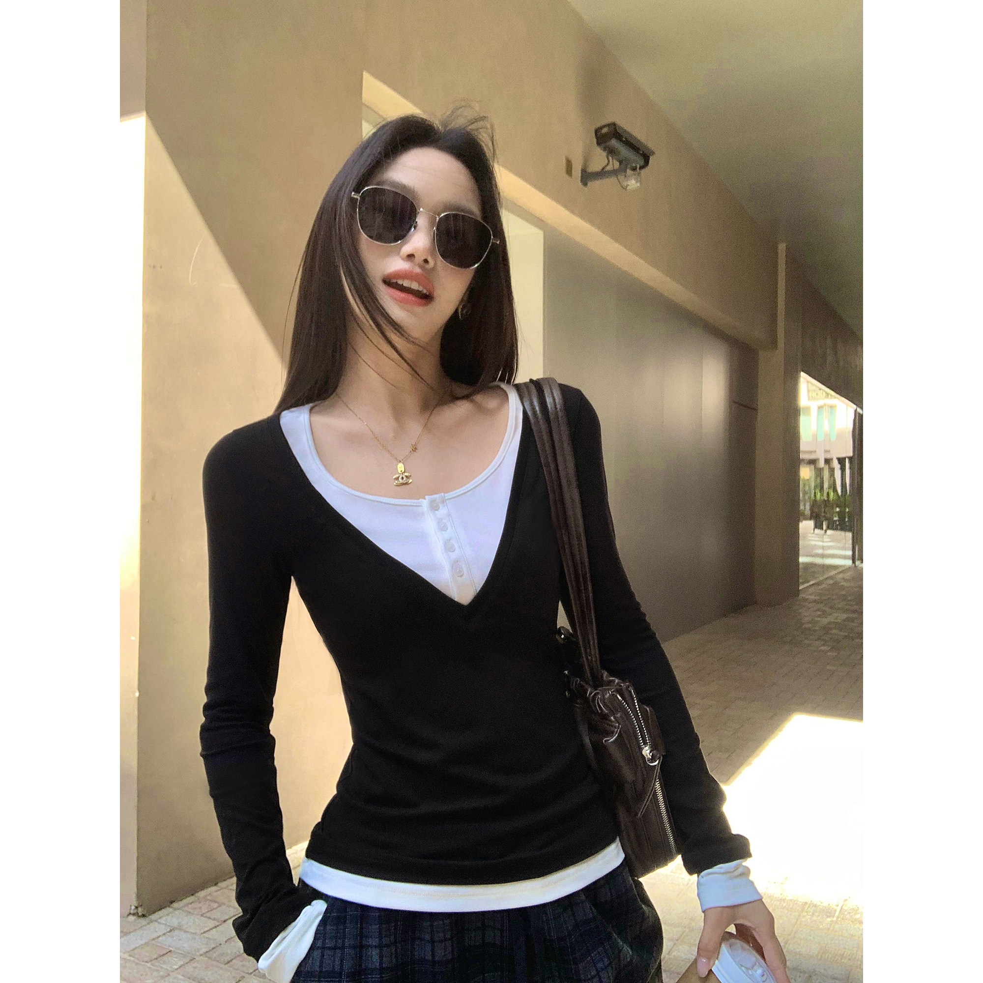 高阶叠搭假两件v领长袖针织上衣