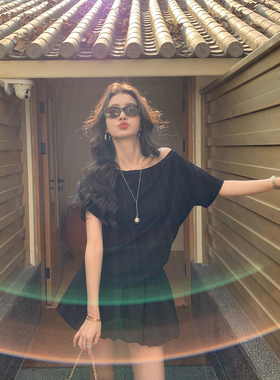 pusumede减龄云朵蓬蓬裙半身裙女黑色高腰a字花苞短裙防走光裙子