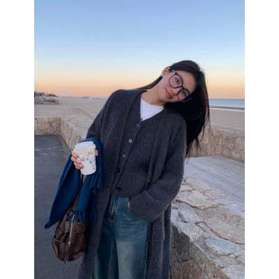 pusumede粉色长款毛衣开衫外套女秋冬软糯宽松慵懒风气质针织上衣