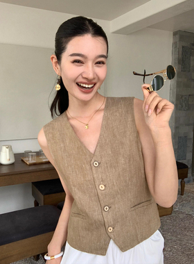 pusumede 复古格调 V领背心马甲女时髦洋气坎肩马夹1OO亚麻上衣