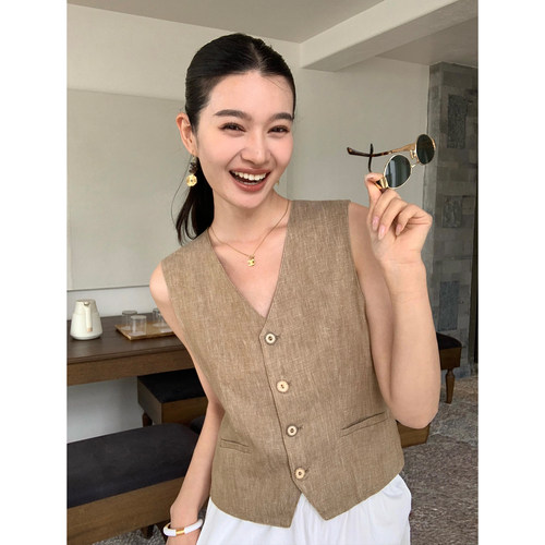 pusumede 复古格调 V领背心马甲女时髦洋气坎肩马夹1OO亚麻上衣