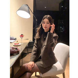 外套女高腰半身裙短裙通勤套装 小格纹毛呢西装 柏林物语 pusumede