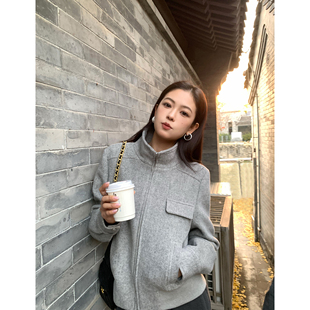 pusumede 假期私服 复古立领羊毛短款夹克女气质保暖工装毛呢外套