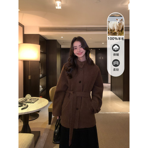 pusumede 蒙马特画稿 复古灰色立领羊毛外套女高级感短款呢子大衣