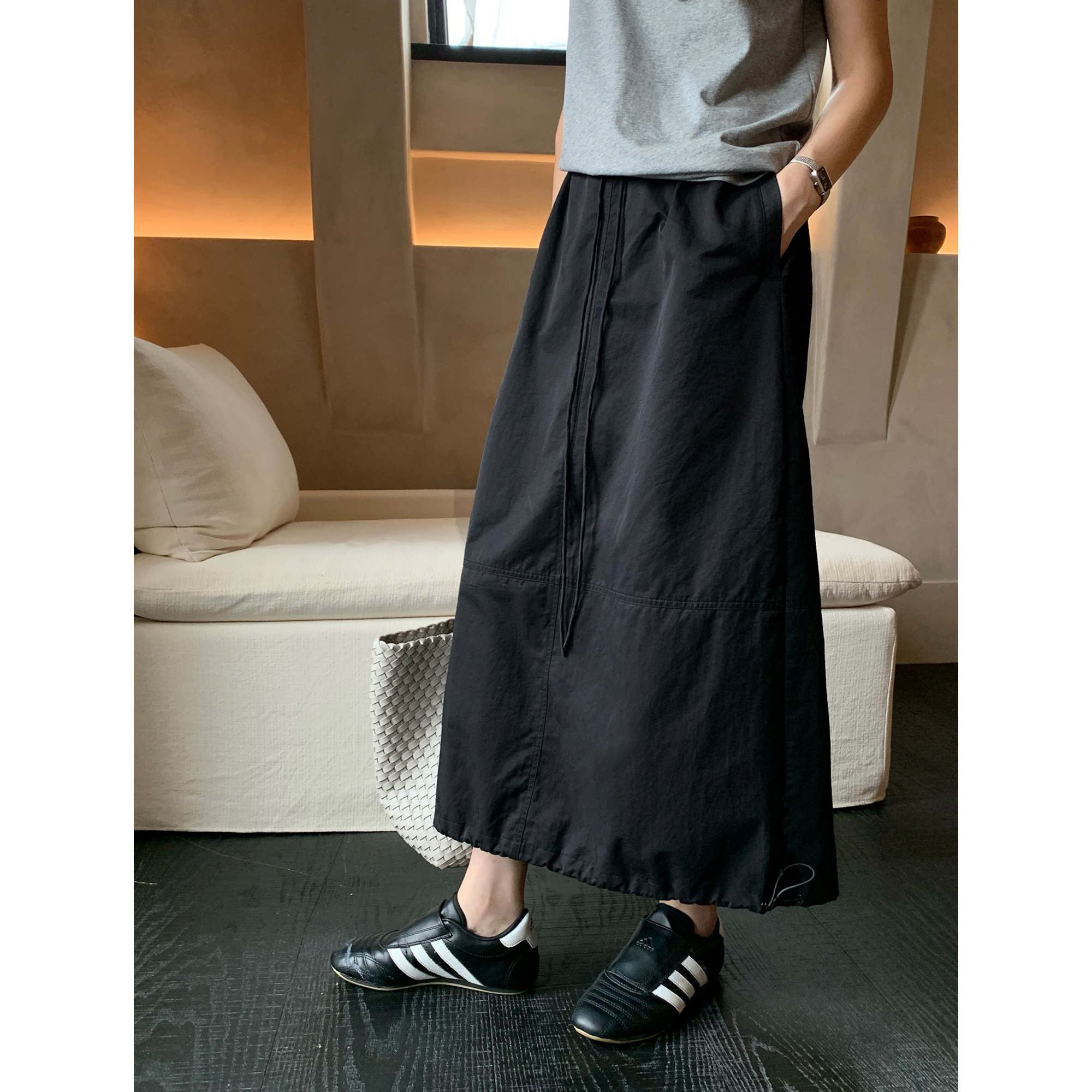 pusumede空气感 宽松a字半身裙女休闲气质裙子抽绳设计感花苞裙