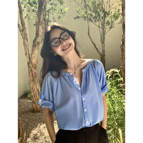pusumede 蓝色圆领短袖衬衫女轻薄气质休闲衬衣设计感泡泡袖上衣