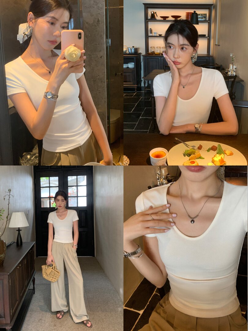 Women wearing a white fitted short-sleeve scoop-neck top styled with beige wide-leg pants in multiple outfit shots.