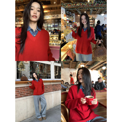 黑色100%羊毛套头v领毛衣女新款