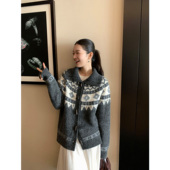 pusumede复古费尔岛提花毛衣开衫 女翻领牛角扣外套设计感针织上衣