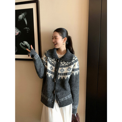 pusumede复古费尔岛提花毛衣开衫女翻领牛角扣外套设计感针织上衣
