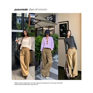 復古闊腿休閑褲 pusumede 隨性出街 美式 女純棉寬松直筒拖地長褲