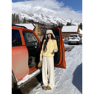 pusumede 奶白色阔腿针织卫裤女通勤保暖贝壳标休闲裤直筒长裤子