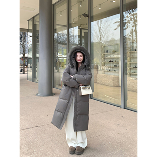 pusumede 冬日织语 灰色长款连帽羽绒服女白鸭绒加厚保暖过膝外套