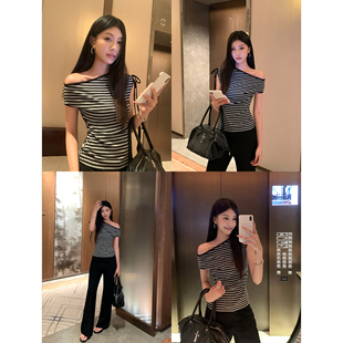 pusumede精致ion t恤女漂亮别致露肩上衣 两穿荡领 斜肩黑色短袖