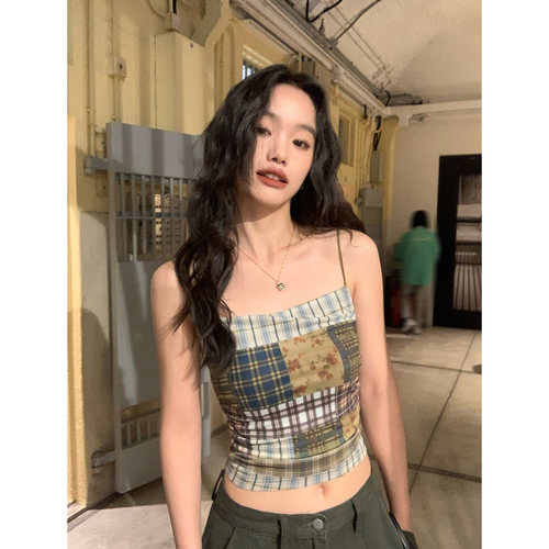 pusumede复古辣妹挚爱!拼色格纹吊带背心女小众网纱印花短款上衣