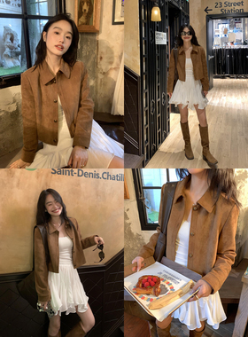 pusumede【现货7.5折】美拉德复古麂皮绒外套女翻领短款夹克上衣