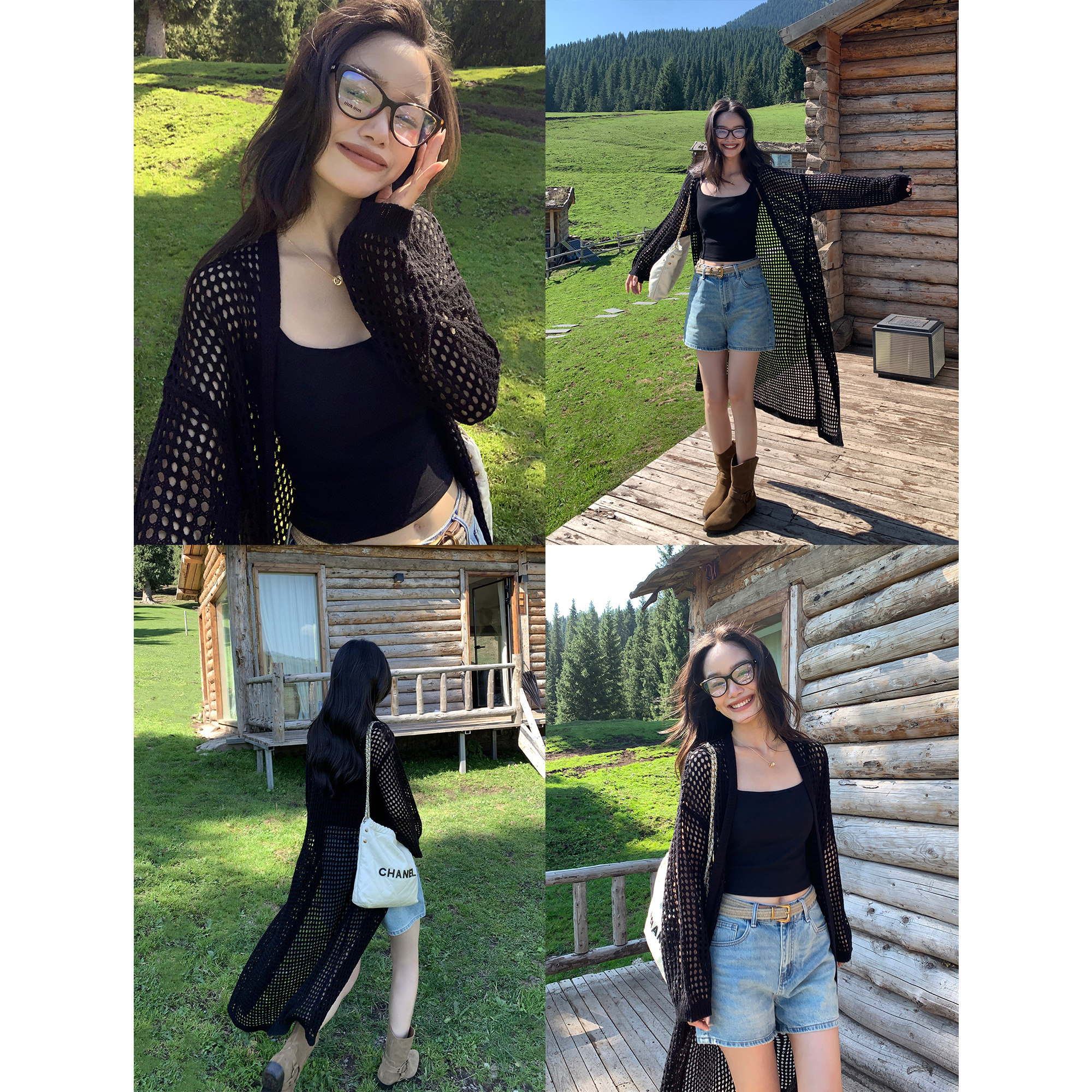 pusumede【现货6折】 中长款镂空针织开衫外套女罩衫长袖外搭上衣