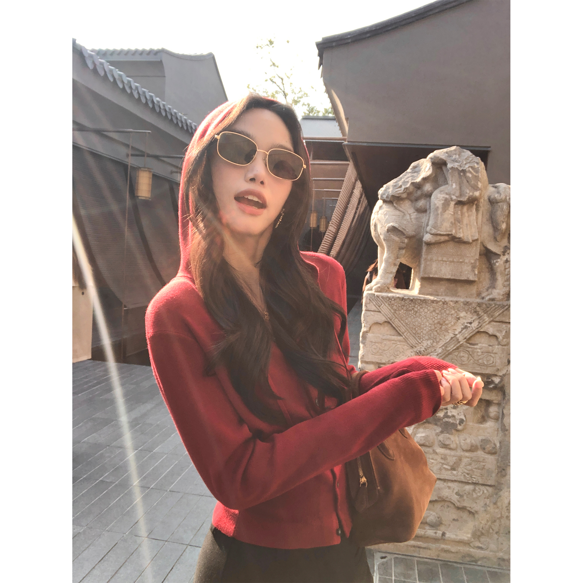 pusumede 利兹周末 基础灰色连帽针织开衫毛衣女修身显瘦收腰上衣