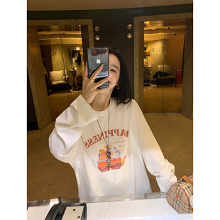 pusumede加州阳光 白色纯棉长袖T恤女设计感印花宽松休闲针织上衣