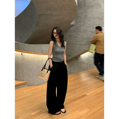 设计感美式工装牛仔阔腿弯刀裤