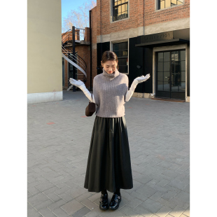 皮裙半身裙女高腰a字伞裙小众裙子 黑色中长款 pusumede 现货6折